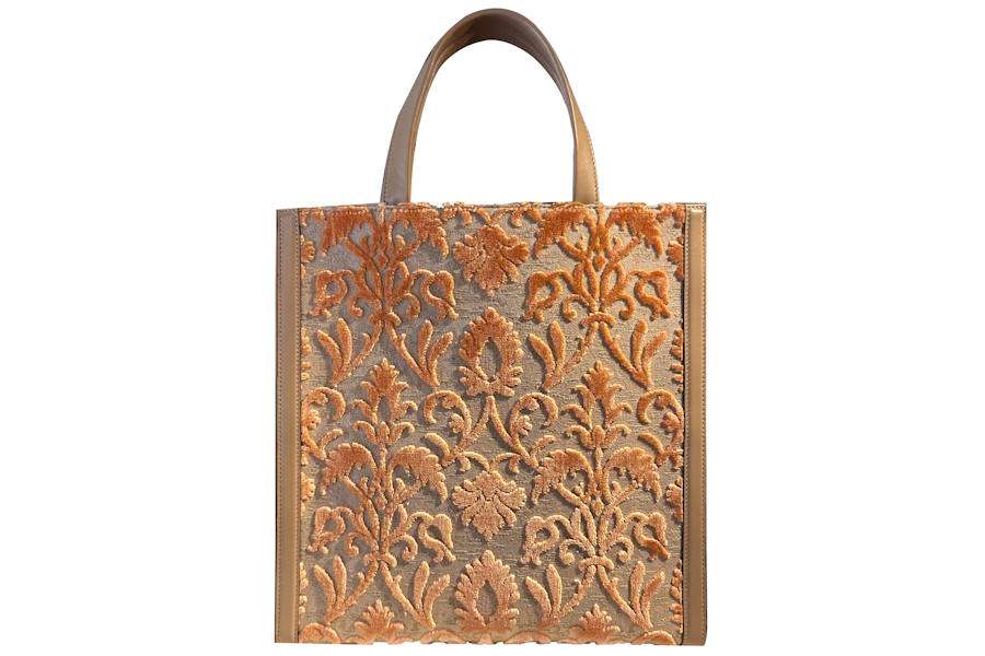 tote bag velluto rinascimento corallo Bevilacqua tote bag Leoni azzurro front | Tessitura Bevilacqua