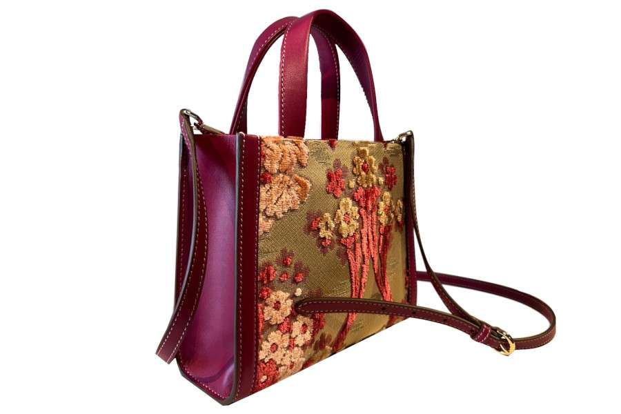 MINI TOTE- velluto multicolore fresie rosse_ pellame fucsia Velluto Leopardo Ibisco 650-440 | Tessiture Bevilacqua