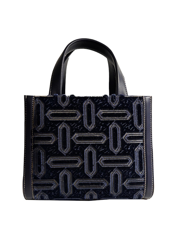 MINI TOTE- velluto soprarizzo arabesco blu_ Bevilacqua tote bag Leoni azzurro front | Tessitura Bevilacqua